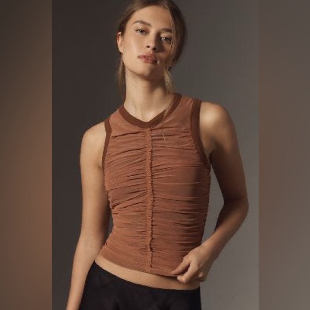 By Anthropologie Shirred Mesh Racerback Tank Top